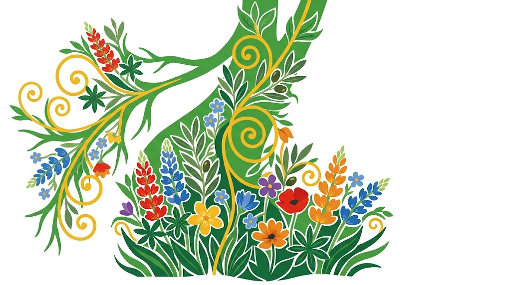 A flat folk-art vector illustration of a branching vagus nerve filled with lupins, forget me nots and olive sprigs.