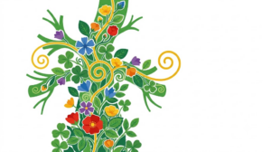 A flat vector folk-art illustration of a human vagus nerve surrounded by stylised flowers and a golden vine on a white background.