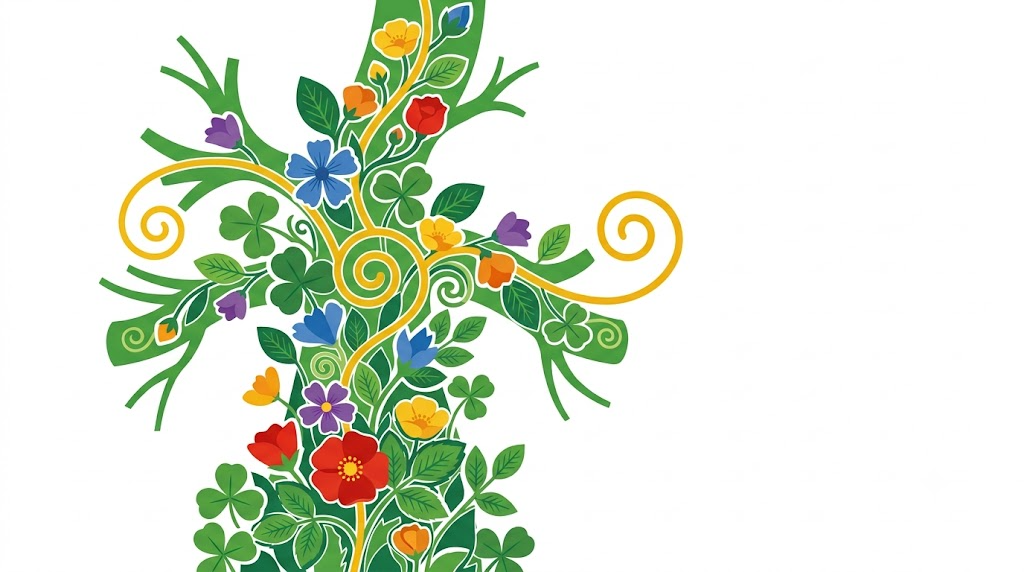 A flat vector folk-art illustration of a human vagus nerve surrounded by stylised flowers and a golden vine on a white background.