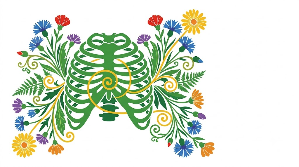 A flat folk-art vector illustration of a human rib cage between mirrored sprays of cornflowers, daisies and ferns.