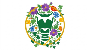 A flat folk-art vector silhouette of a human larynx with wild roses, buttercups and ivy behind it.