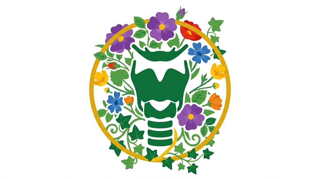 A flat folk-art vector silhouette of a human larynx with wild roses, buttercups and ivy behind it.