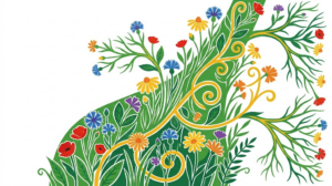 A flat folk-art vector illustration of the human vagus nerve framed by stylised flowers and curling vines on white.