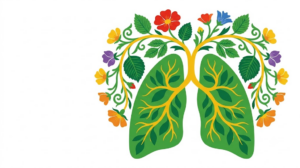 Flat vector illustration of a pair of lungs framed by folk-art blooms and foliage.