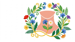 A flat folk-art vector illustration of a human throat encircled by a wreath of cornflowers and daisies.