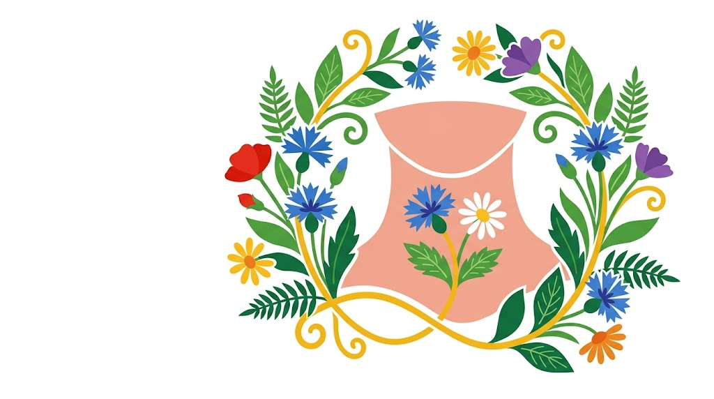 A flat folk-art vector illustration of a human throat encircled by a wreath of cornflowers and daisies.