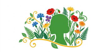 Flat vector illustration of a head and neck in profile surrounded by cornflowers, daisies and fern fronds.