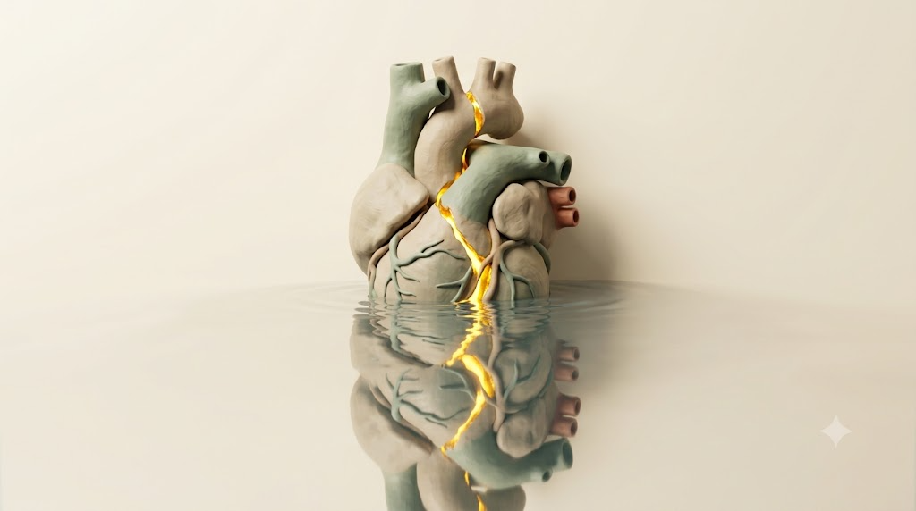 A sculpted matte clay human heart, marked by one bright golden light element.