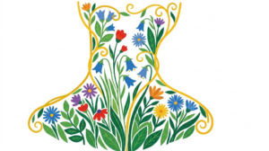 Flat vector folk-art illustration of a human throat outlined in gold and filled with stylised flowers on a white background.