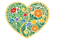 A flat vector folk-art illustration of a human heart with stylised flowers and leaves on a white background.