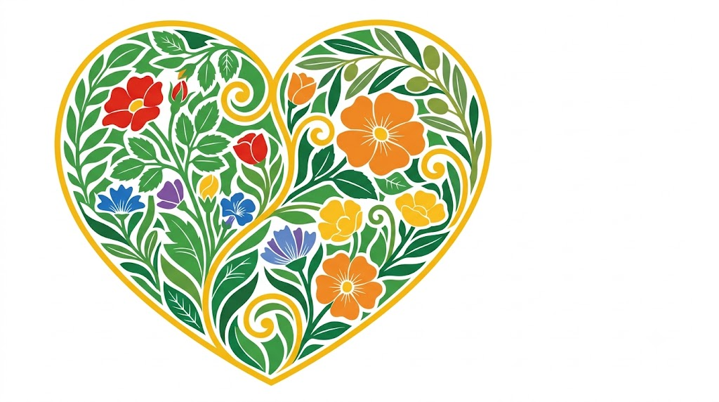 A flat vector folk-art illustration of a human heart with stylised flowers and leaves on a white background.