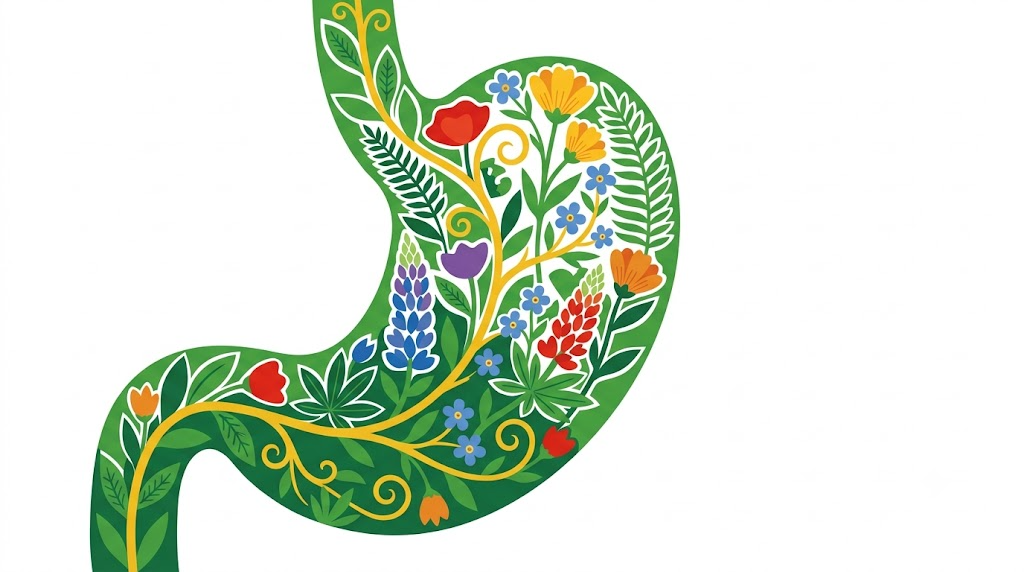 A flat folk-art vector illustration of a human stomach filled with lupins, forget me nots and fern fronds.