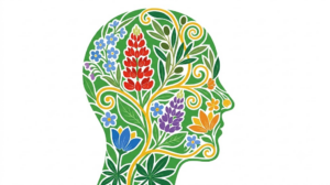 A flat folk-art vector illustration of a human head in profile framed by stylised flowers, leaves and curling vines on white.