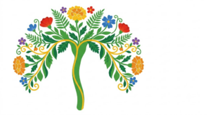 A flat folk-art vector illustration of a human vagus nerve framed by marigolds, five-petal blossoms and fern fronds on a white background.