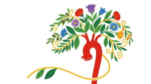 A flat vector folk-art illustration of a human aorta on a white background.