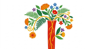 Flat vector illustration of the oesophagus framed by folk-art flowers and foliage.
