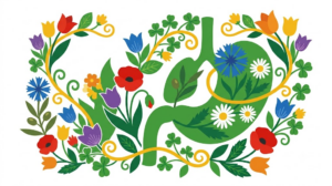 A flat folk-art vector illustration of a pair of human lungs among stylised flowers and curling vines on a white background.