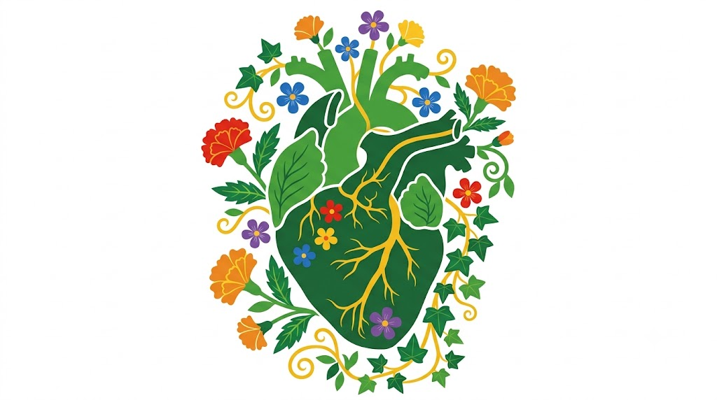 A flat folk-art vector illustration of a human heart with marigolds and trailing ivy climbing around it.