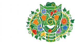 A flat folk-art vector illustration of a human larynx framed by stylised flowers and curling vines on a white background.