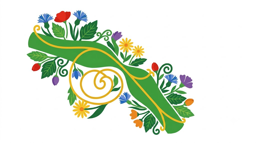A flat folk-art vector illustration of a vagus nerve with a narrowed pinched section, decorated with stylised flowers on white.