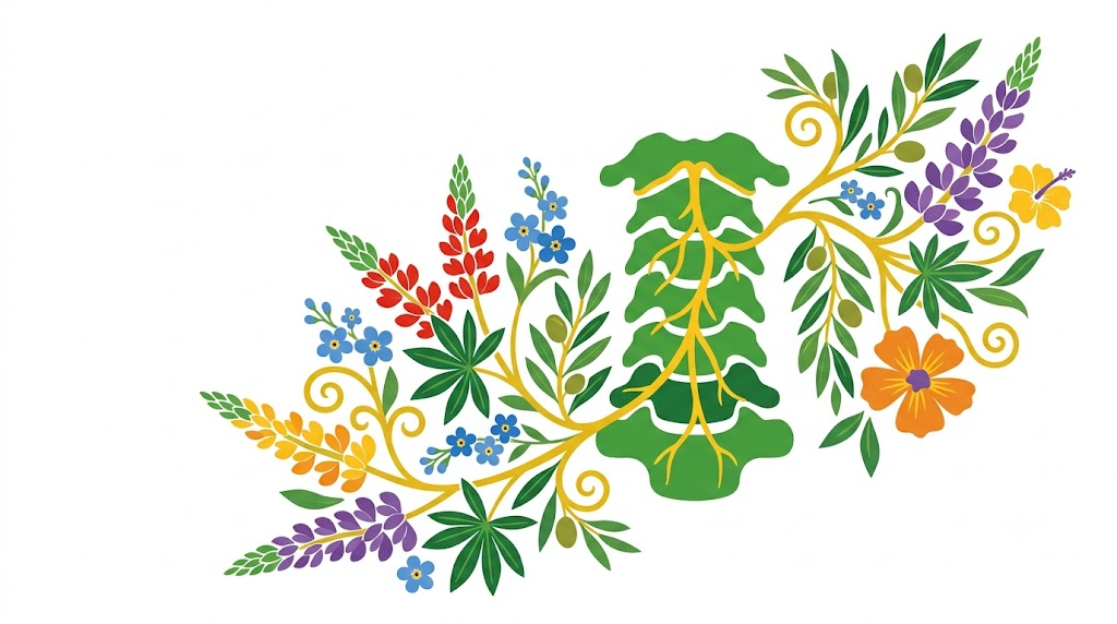 A flat folk-art vector illustration of a human cervical spine framed by stylised flowers and curling vines on a white background.