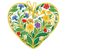 A flat folk-art vector illustration of a human heart surrounded by stylised flowers and curling vines on a white background.