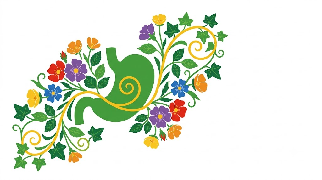 Flat vector illustration of a human stomach surrounded by folk-art blooms and trailing vines.