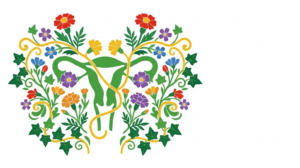 A flat folk-art vector illustration of a uterus framed by mirrored sprays of marigolds and trailing ivy.