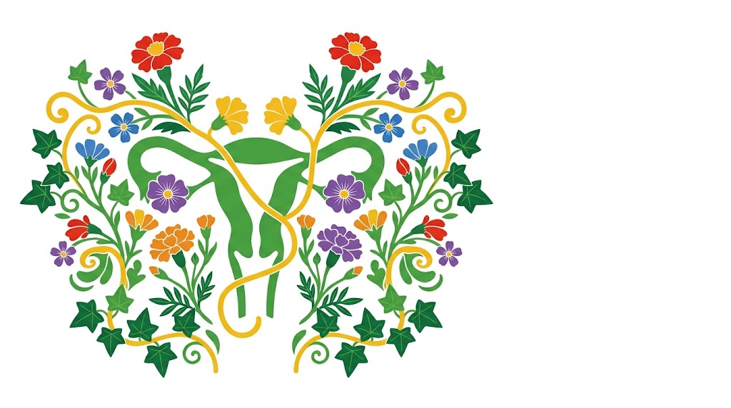 A flat folk-art vector illustration of a uterus framed by mirrored sprays of marigolds and trailing ivy.