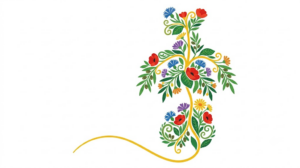 A flat folk-art vector illustration of the human vagus nerve framed by stylised flowers and curling vines on white.