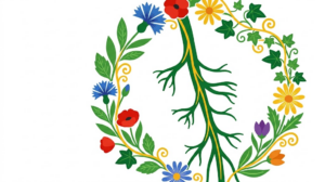 A flat vector folk-art illustration of a human vagus nerve encircled by a wreath of stylised cornflowers and daisies on a white background.