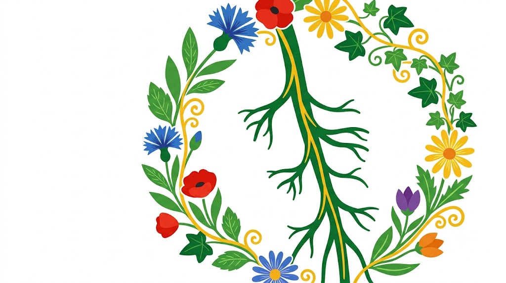 A flat vector folk-art illustration of a human vagus nerve encircled by a wreath of stylised cornflowers and daisies on a white background.