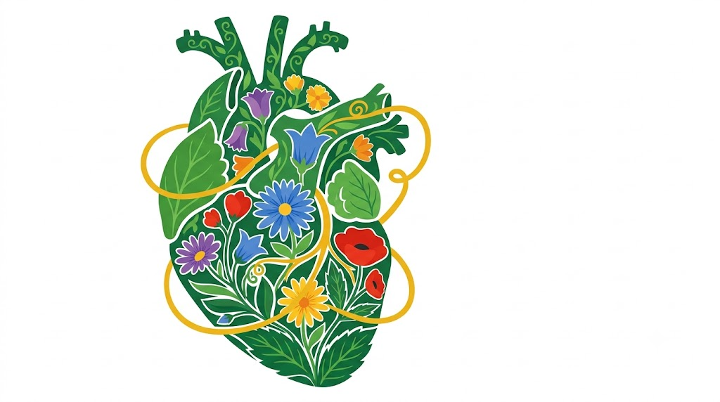 A flat folk-art vector illustration of an anatomical heart formed from stylised leaves and flowers with a golden vine looping around it on a white background.