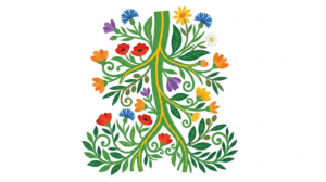 A flat folk-art vector illustration of the human vagus nerve framed by stylised flowers, leaves and curling vines on a white background.