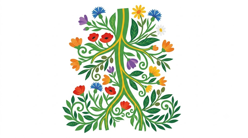 A flat folk-art vector illustration of the human vagus nerve framed by stylised flowers, leaves and curling vines on a white background.