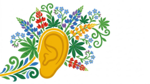 A flat vector folk-art illustration of a human ear with stylised blue flowers and leaves arching over it on a white background.