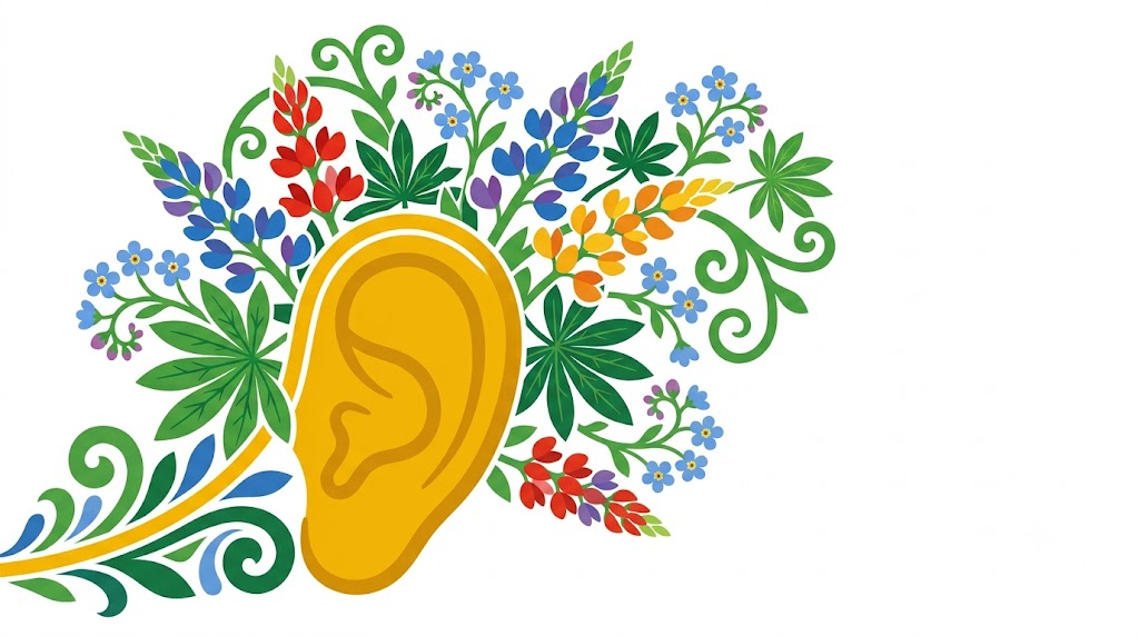 A flat vector folk-art illustration of a human ear with stylised blue flowers and leaves arching over it on a white background.