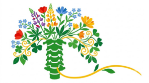 A flat folk-art vector illustration of a cervical spine with lupins and forget me nots arching over it.