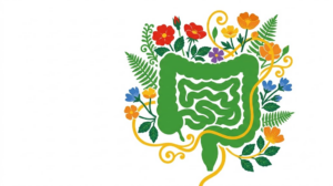 A flat folk-art vector illustration of a human intestine silhouette against wild roses, buttercups and ferns on white.
