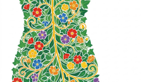 A flat folk-art vector illustration of a human vagus nerve surrounded by stylised flowers and fern fronds on a white background.