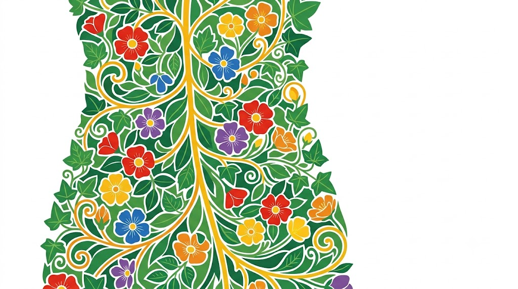 A flat folk-art vector illustration of a human vagus nerve surrounded by stylised flowers and fern fronds on a white background.