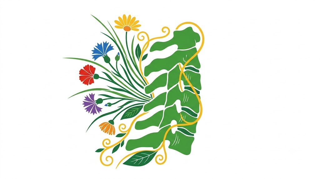 A flat folk-art vector illustration of a human cervical spine with a spray of stylised cornflowers and daisies fanning out to one side.