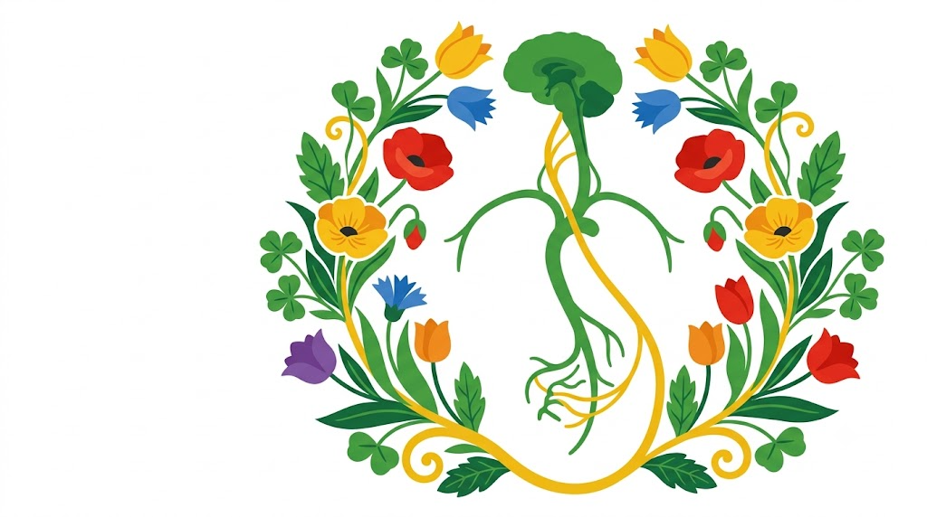 A flat folk-art vector illustration of the vagus nerve encircled by a wreath of poppies and tulips.