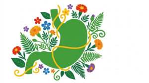 A flat folk-art vector illustration of a human stomach surrounded by stylised marigolds, ferns and a golden vine on a white background.