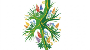 A flat vector folk-art illustration of a single human nerve with branching fibres surrounded by stylised flowers and a golden vine on a white background.