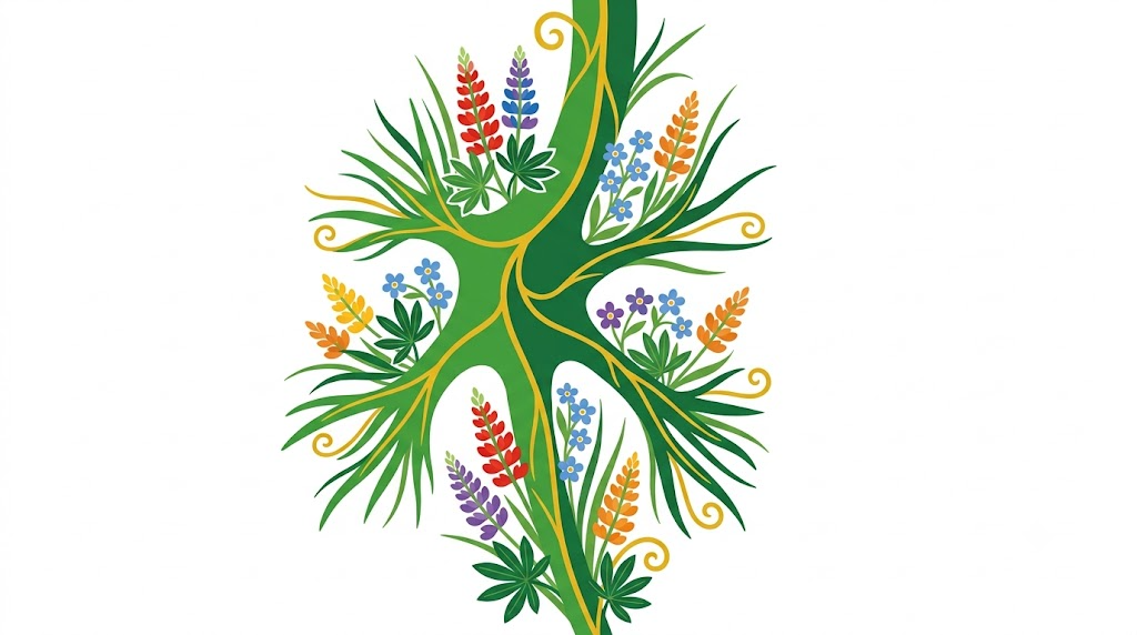 A flat vector folk-art illustration of a single human nerve with branching fibres surrounded by stylised flowers and a golden vine on a white background.