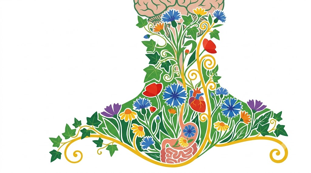 A flat folk-art vector illustration of the vagus nerve filled with cornflowers, daisies and ivy on a white background.