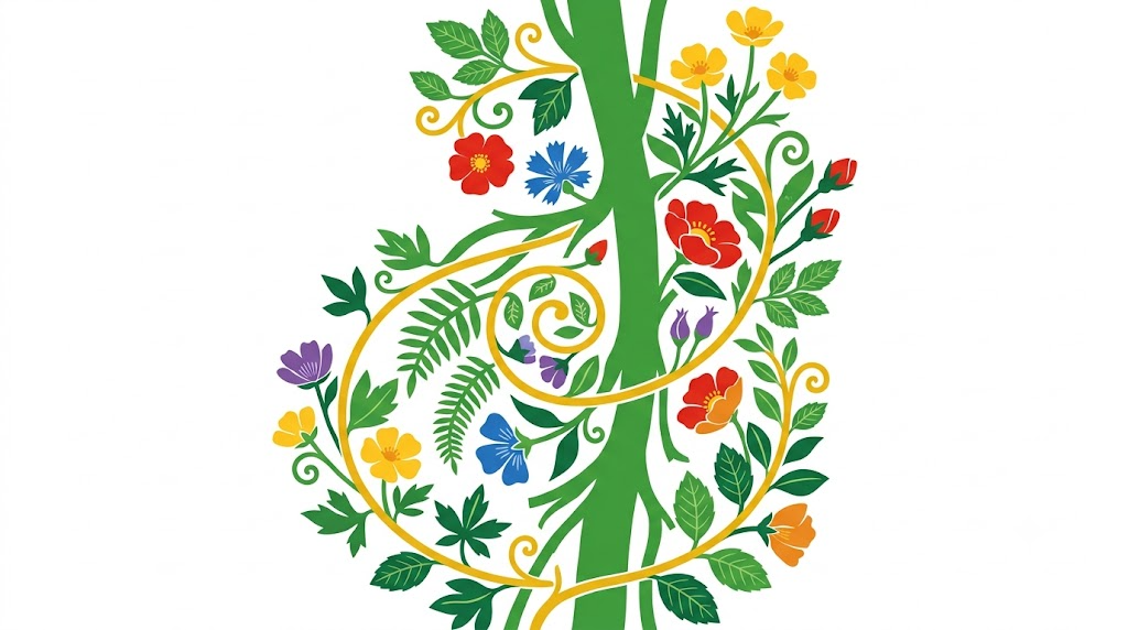 A flat folk-art vector illustration of a human vagus nerve winding among stylised flowers and vines on a white background.