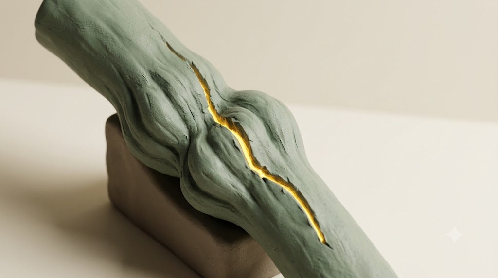 A sculpted matte clay pinched nerve cord, marked by one bright golden light element.