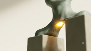 A soft matte clay render of a human neck as a slender bridge spanning a gap between two plinths, with a single bright golden light element.